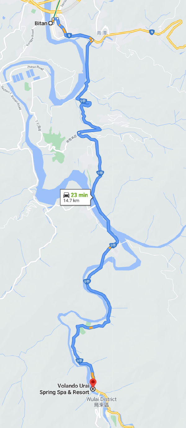 Screenshot of Google maps route of Bitan to Wulai.