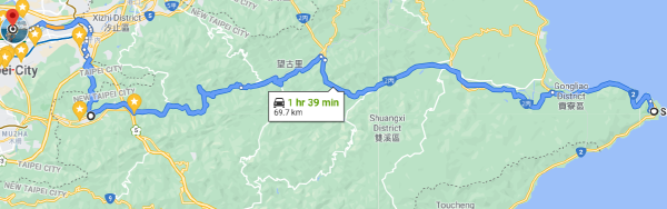 Screenshot of a Google maps route from Sandiaojiao lighthouse to Taipei.