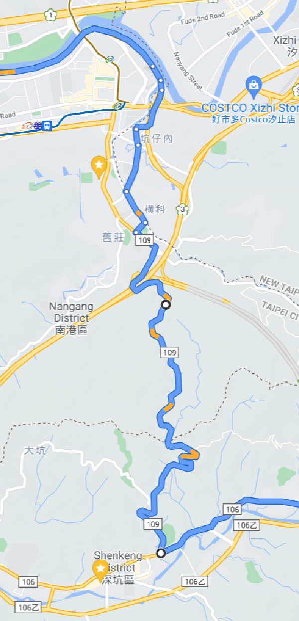 Screenshot of a Google maps route of the 109 in Taipei
