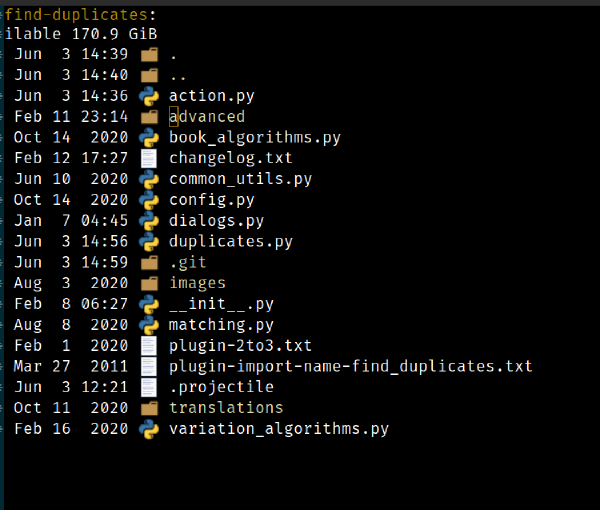 Screenshot of the directory structure of the find-duplicates plugin.
