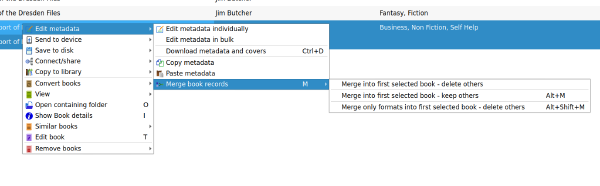 Screenshot of the merge books option in Calibre.