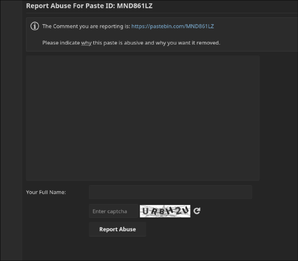 Screenshot of spam report form from pastebin