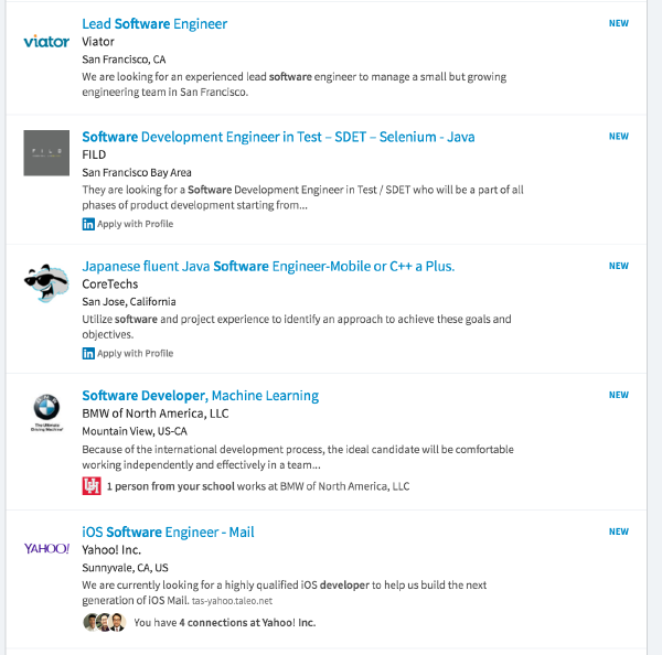 Screenshot of the results page of a linkedin job search for a software engineer in the bay area. 