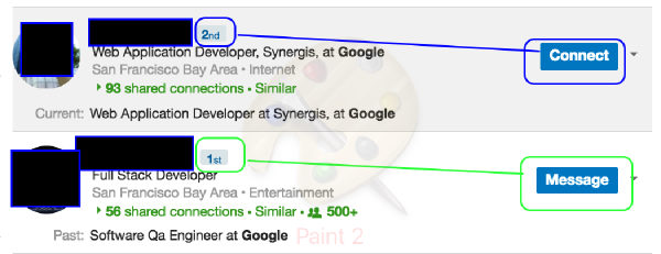Screenshot of two linkedin connections, one a first degree, one a second degree. 