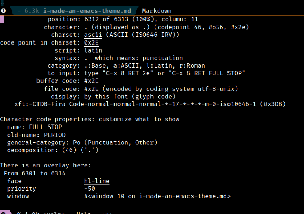 Screenshot of the output of M-x what-cursor-position