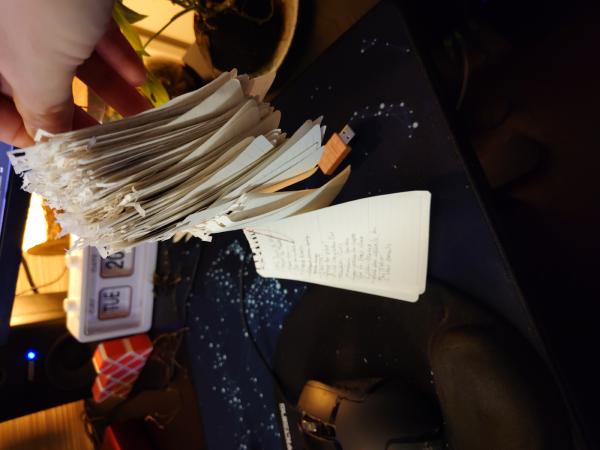 Paper notes strung on a thread