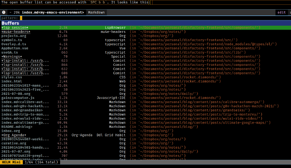 Screenshot of a helm buffer list in emacs.