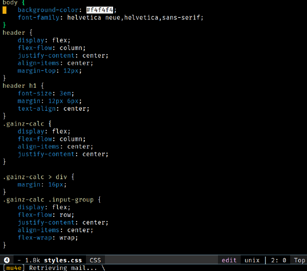 Screenshot of a css file in emacs.