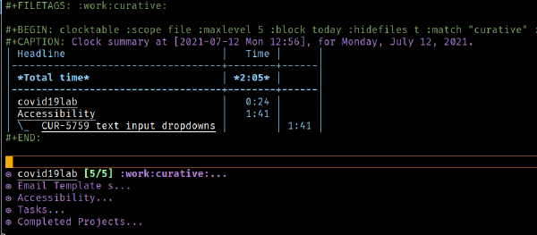 Screenshot of my curative org file in emacs.