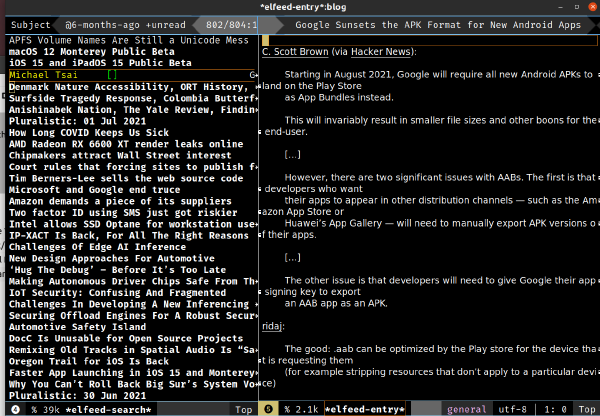 Screenshot of elfeed in emacs.