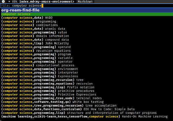 Screenshot of a list of tagged items returned by org-roam-find-file in emacs.