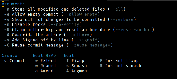 Screenshot of the magit commit options in emacs.