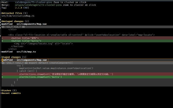 Screenshot of a magit status window with an unstaged and staged file tabbed open in emacs.