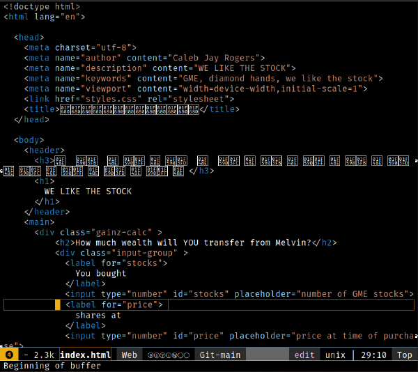Screenshot of an html file in emacs.