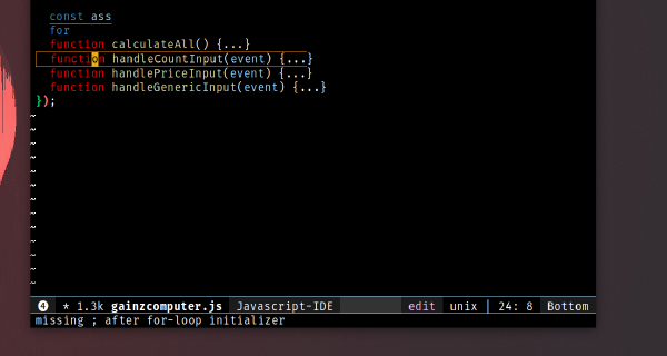 Screenshot of errors in a javascript file in emacs.