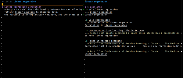 Screenshot of an org roam backlinks buffer in emacs.