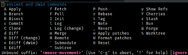 Screenshot of magit dispatch options in emacs.