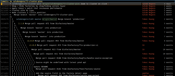 Screenshot of magit git log commits by multiple authors in emacs.