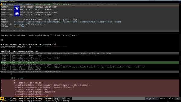 Screenshot of magit git log showing a diff in emacs.