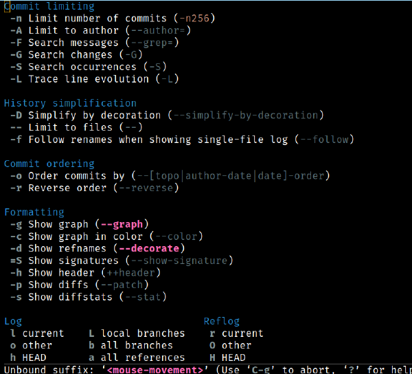 Screenshot of magit git log options in emacs.
