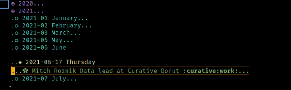 Screenshot of my meeting notes file in emacs.