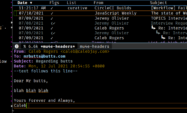 Screenshot of the mu4e compose buffer in emacs.
