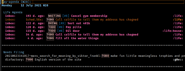 Screenshot of the needs refiling section of my general agenda view in emacs.