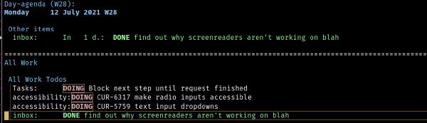 Screenshot of an org agenda with a todo item that is completed in emacs.
