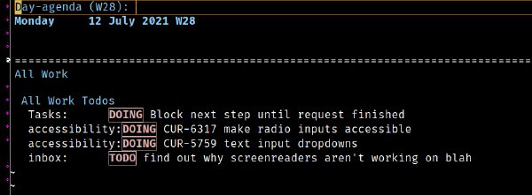 Screenshot of an org agenda in emacs.