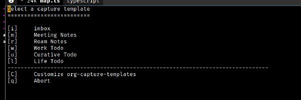 Screenshot of a list of org capture templates in emacs.