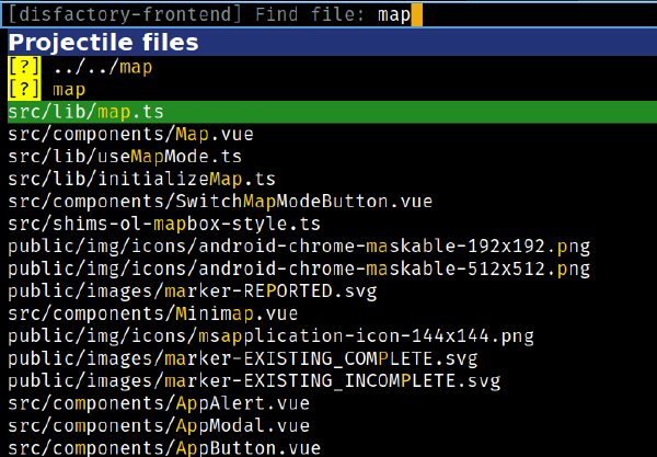 Screenshot of a project-wide file search in emacs.