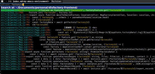 Screenshot of a project-wide text search in emacs.
