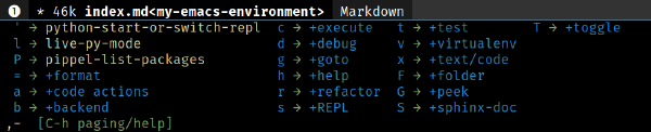 Screenshot of the major mode menu for python in emacs.