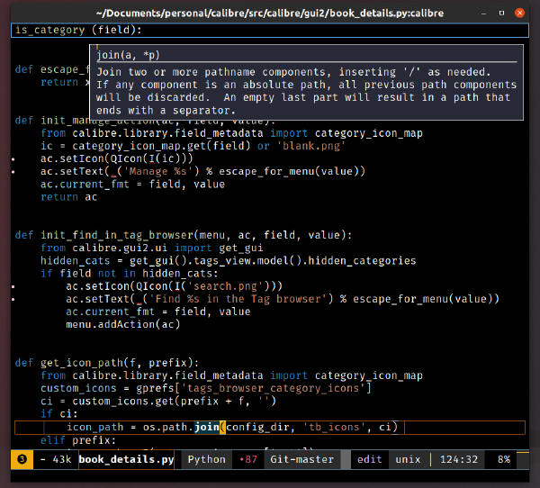 Screenshot of a helper pop-up for a python native method in emacs.