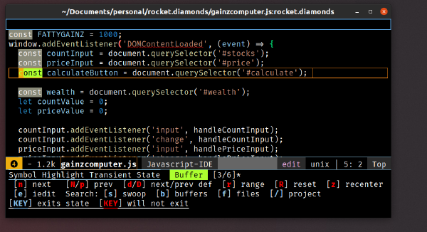 Screenshot of a asterisk-style text search and replace in emacs.