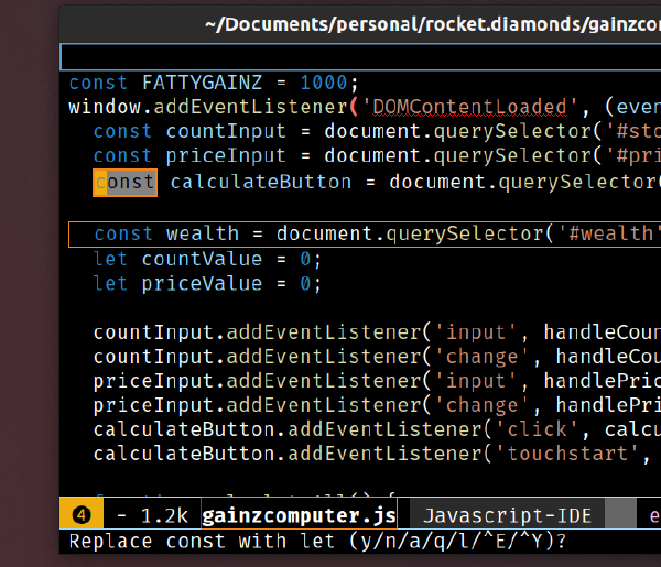 Screenshot of a vim-style text search and replace, with confirm, in emacs.