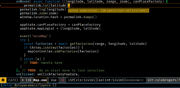 Screenshot of a linting error in a vue file in emacs.