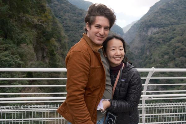 Caleb and tammy on a pedestrian bridge in taroko