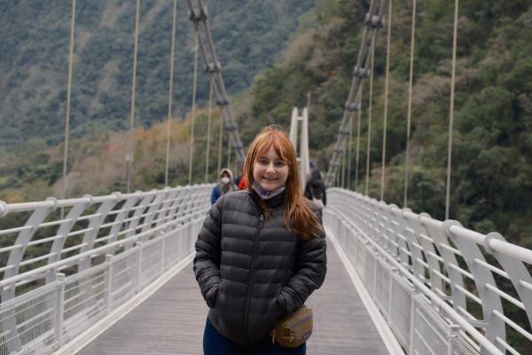 Colette on pedestrian bridge in Taroko