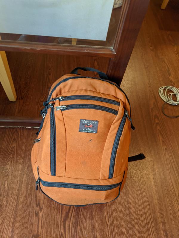 My bag fully packed and zipped up, another angle.