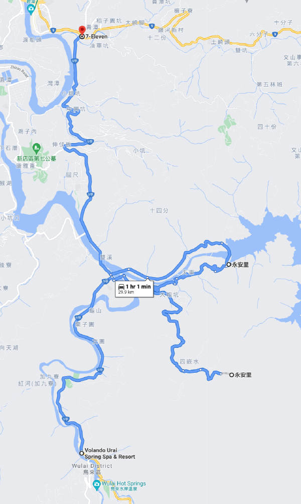 Screenshot of Google maps route of riding around a Wulai reservoir.