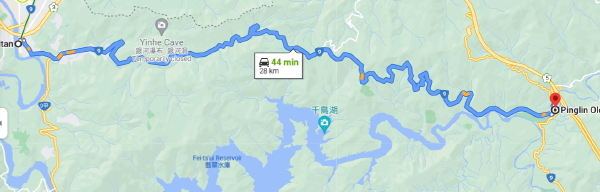 Screenshot of Google maps route of riding from Bitan to Pinglin.