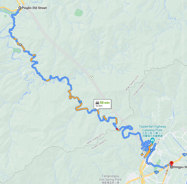 Screenshot of a Google maps route of riding from Pinglin to Yilan.