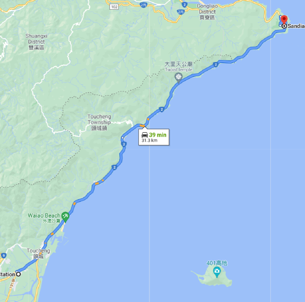 Screenshot of a Google maps route of riding from Yilan to SanDiaoJiao lighthouse.